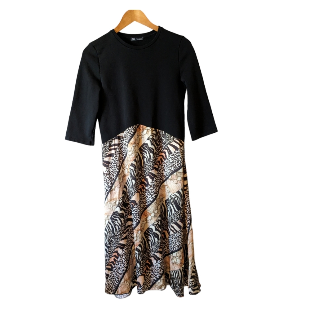 Zara Satin Animal Patch Print Midi Dress Black Brown 3/4 Sleeves A-line Sz M - Picture 4 of 10